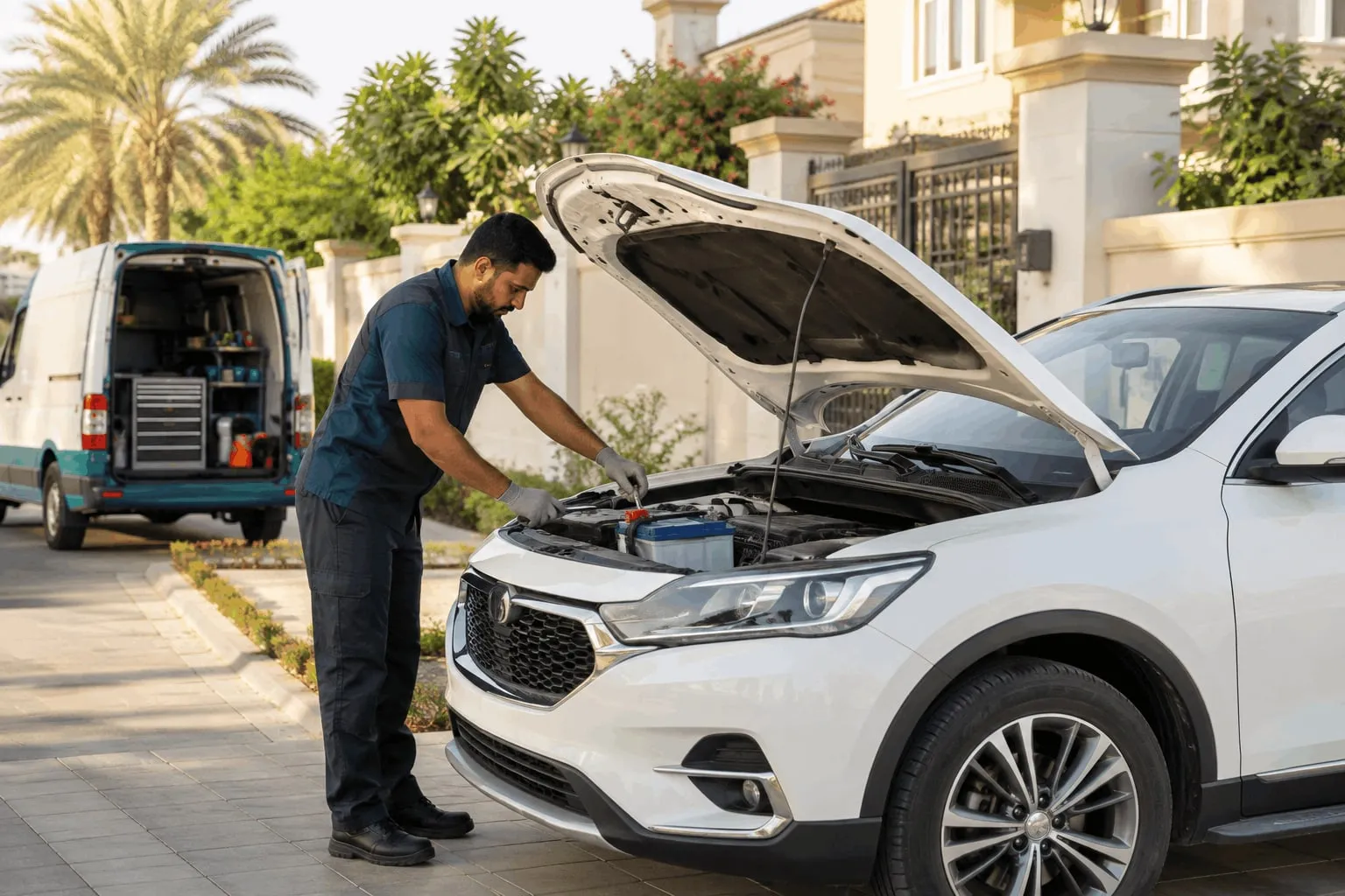 800MyBatt technician working on a car battery at a customer location
