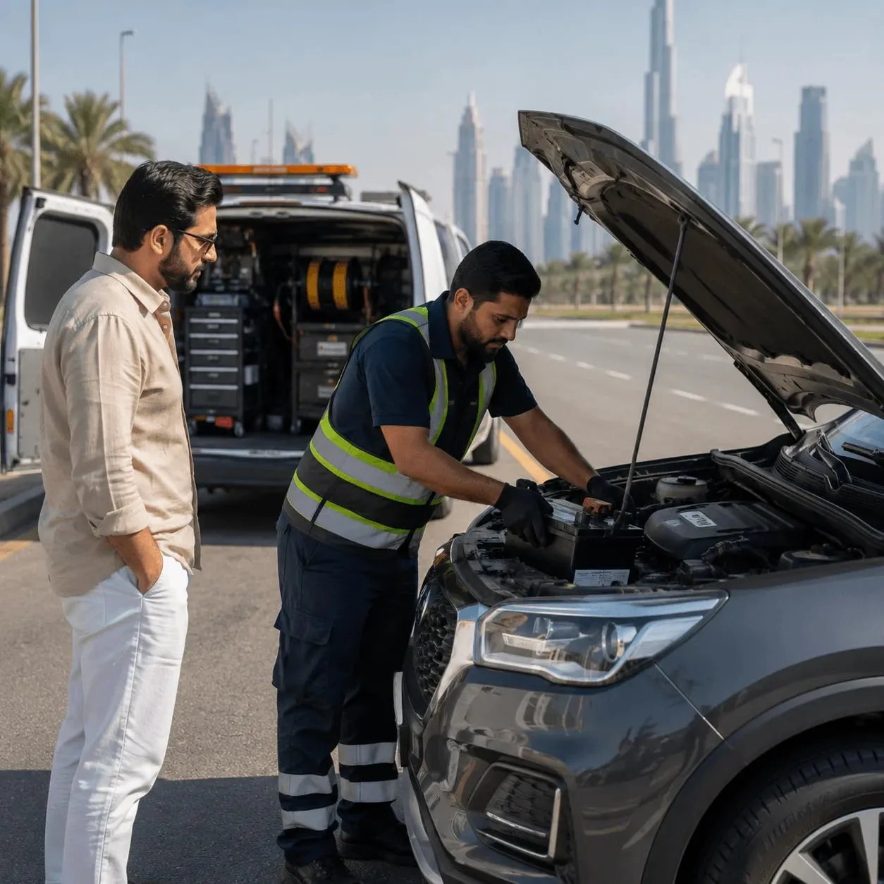 Bentley battery replacement at the roadside in Dubai